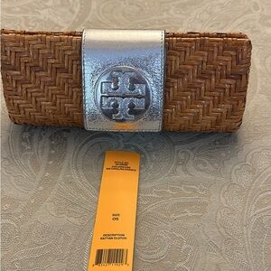 Tory Burch Straw Woven Clutch with Silver Detail
